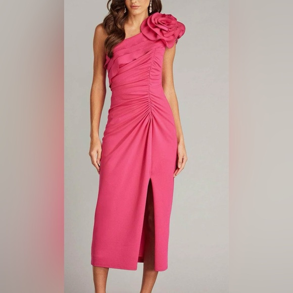 Tadashi Shoji BOS24101MD - Pike Draped Rosette Shoulder Sheath Dress NWT